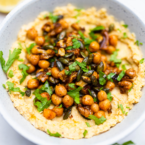 HOUMOUS WITH ROASTED WALNUTS AND PUMPKIN SEEDS